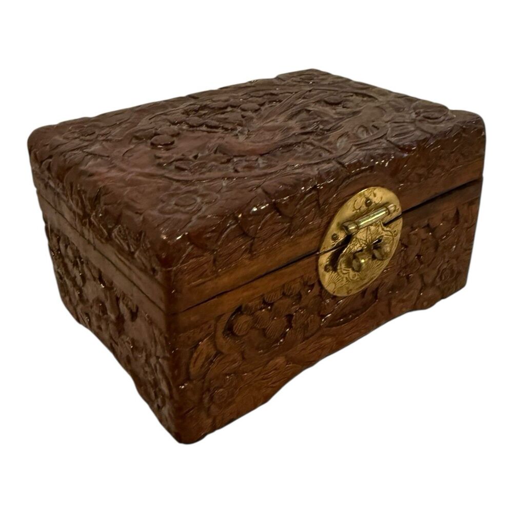 Vintage Hand Carved Asian Wood Jewelry Trinket Box Bird & Flower Hinged Lid Red